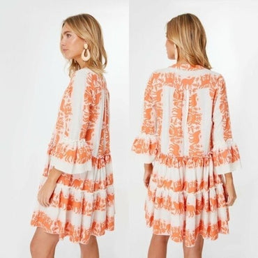 Tuckernuck NEW Kasia Ecru Clio Ruffle Mini Dress in Orange and Ivory Size XS
