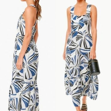 Tuckernuck NEW Blue Palm Linen Alston Cross Back Fit Flare Maxi Dress Size XXS
