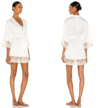 Flora Nikrooz NEW Rosa Kimono Satin Lace Trim Robe in Ivory Size M