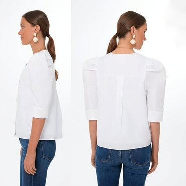 Hyacinth House NEW White V-Neck Puff Sleeve Kit Button Up Blouse Top Size Medium