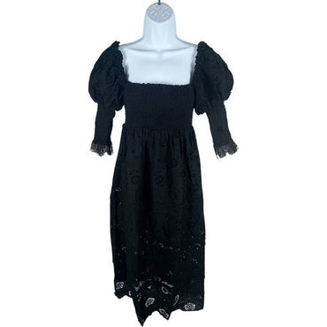 O.P.T. NEW Black Wednesday Cotton Eyelet Puff Sleeve Midi Dress Size XS