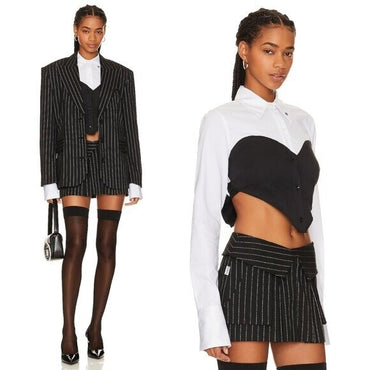 LOBA NEW Augstina Cropped Bow Preppy Button Up in Black and White Size XL