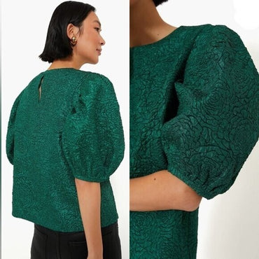 Hyacinth House NEW Green Jacquard Floral Puff Sleeve Noelle Blouse Size XS