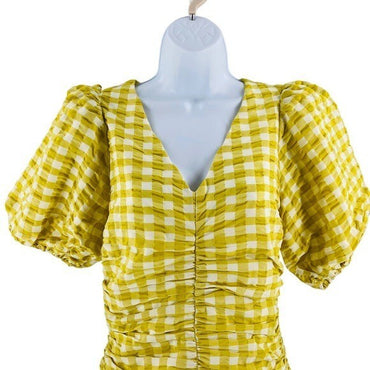Petal and Pup NEW Tenice V Neck Gingham Puff Sleeve Mini Dress Green Size XS