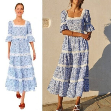 Pink City Prints NEW Celine Sky Chintz Blue Lace Floral Maxi Dress Size S