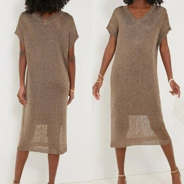 Tuckernuck Bronze Metallic Knit Mesh V Neck Short Sleeve Midi Dress Size M