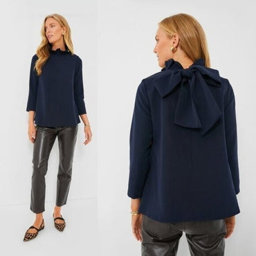 Tuckernuck NEW Navy Faye Preppy Bow Ruffle Collar 3/4 Sleeve Blouse Size XXS