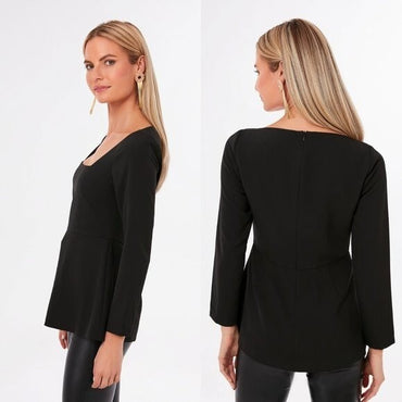 Pomander Place NEW Black Simone Peplum Long Sleeve Square Neck Blouse Size S