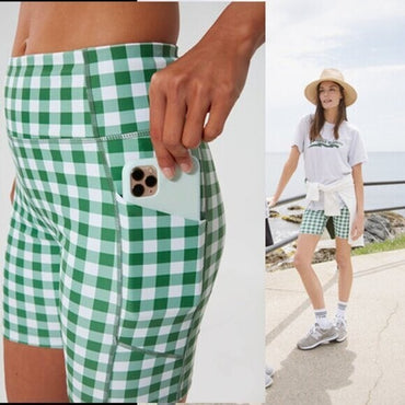 Tuckernuck NEW Sport Trellis Gingham Green White Biker Athletic 6" Shorts Size S