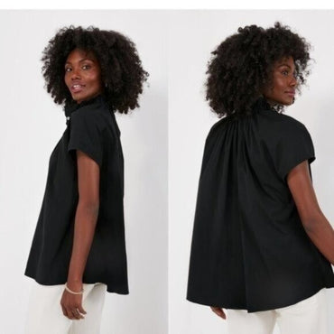 Pomander Place | NEW Black Rae Short Cap Sleeve Ruffle Collar Blouse Size S