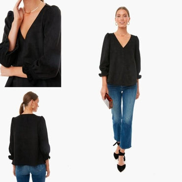 Pomander Place | NEW Easton Swing V Neck Long Sleeve Blouse in Black Size XS