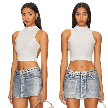 NEW superdown REVOLVE Sophie Metallic Silver Open Back Crop Top Size XL