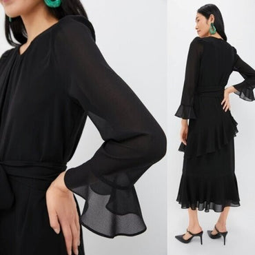 Tuckernuck NEW Black Sasha Long Sleeve Formal Ruffle Party Midi Dress Size S
