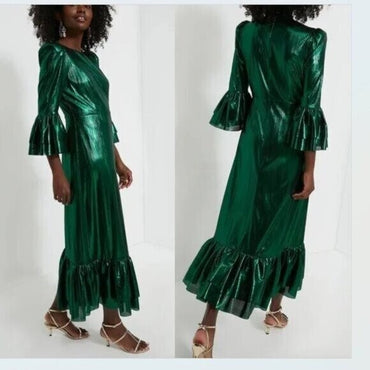 Pomander Place | NEW Emerald Crinkle Lurex Lillith Maxi Dress Size S
