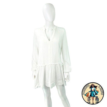 Pomander Place NEW White Gauze Beaded Long Puff Sleeve V-Neck Mini Dress Size S