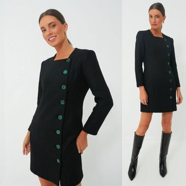 Pomander Place NEW Black Tweed Retro Winslet Green Button Mini Dress Size XXL