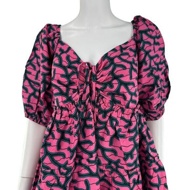 Elsamama NEW Pink Bimpe Abstract Cotton Tiered Relaxed Fit Mini Dress Size M