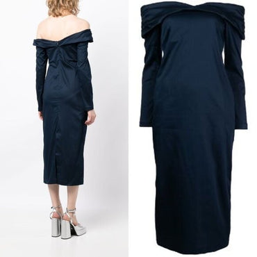 Kika Vargas NEW Off the Shoulder Long Sleeve Formal Midi Dress Navy Blue Size XS