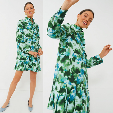 Tuckernuck NEW Deep Lagoon Tate Green Drop Waist Long Sleeve Mini Dress XS