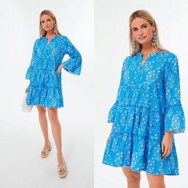 Juliet Dunn NEW Sapphire Small Flower Lurex Flared Sleeve Mini Dress Size M