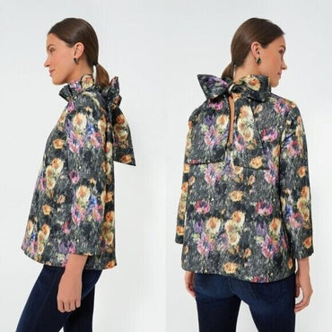 Tuckernuck NEW Midnight Primrose Jacquard Preppy Floral Bow Blouse Size M