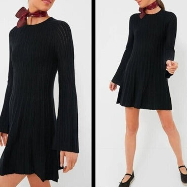 Pomander Place NEW Black Adi Long Belle Sleeve Ribbed Knit Mini Dress Size M