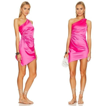 Baobab NEW Celia Satin One Shoulder Barbiecore Mini Dress in Frambuesa Size XS