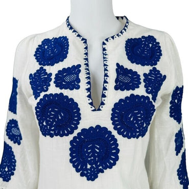 Antik Batik NEW Embroidered Tiki White and Blue Caftan Midi Dress Size XS