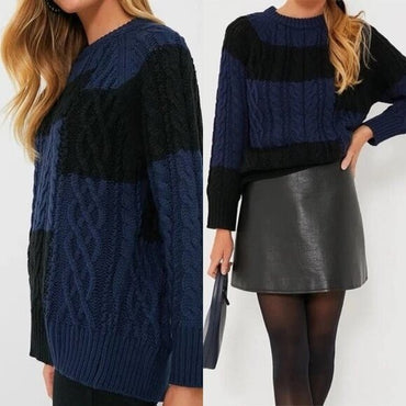 Tuckernuck NEW Navy Patchwork Cable Knit Relaxed Fit Pullover Sweater Size XS