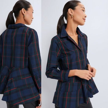 Pomander Place NEW Fraser Navy Plaid Ashlen Peplum Long Sleeve Blouse Top Size M