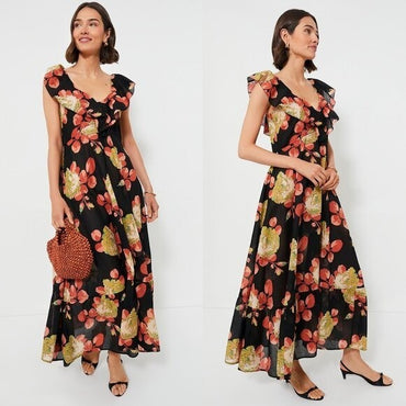 The Great NEW Cabbage Rose Print The Geranium Dress Black Floral Maxi Dress L