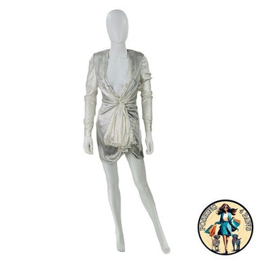 Redemption for FWRD Long Sleeve Metallic Deep V Party Dress in Silver Size XS