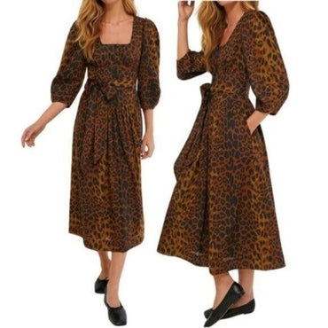 Tuckernuck NEW Leopard Graciela Puff Sleeve Square Neck Midi Dress Size 12