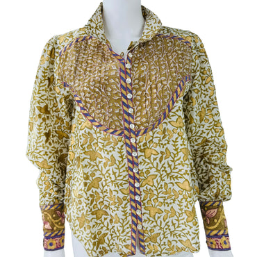 Oliphant High Neck Button Silk Blouse in Marchesa Metallic Floral Olive