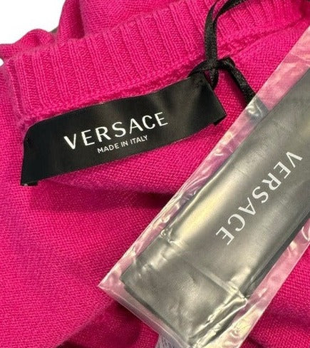 Versace Cashmere Crop Open Perforated Scalloped Knit Cardigan Sweater