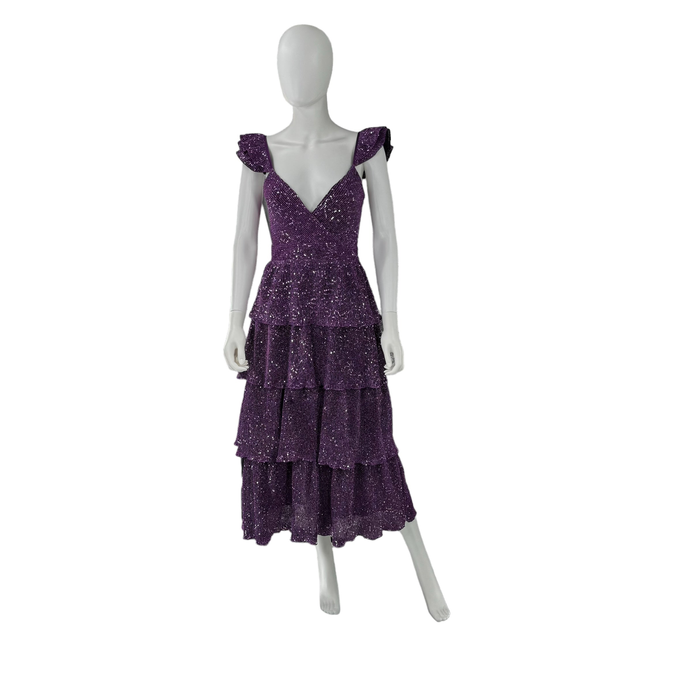Saylor Purple Karmen Sequins Tiered Cocktail Formal Midi Dress