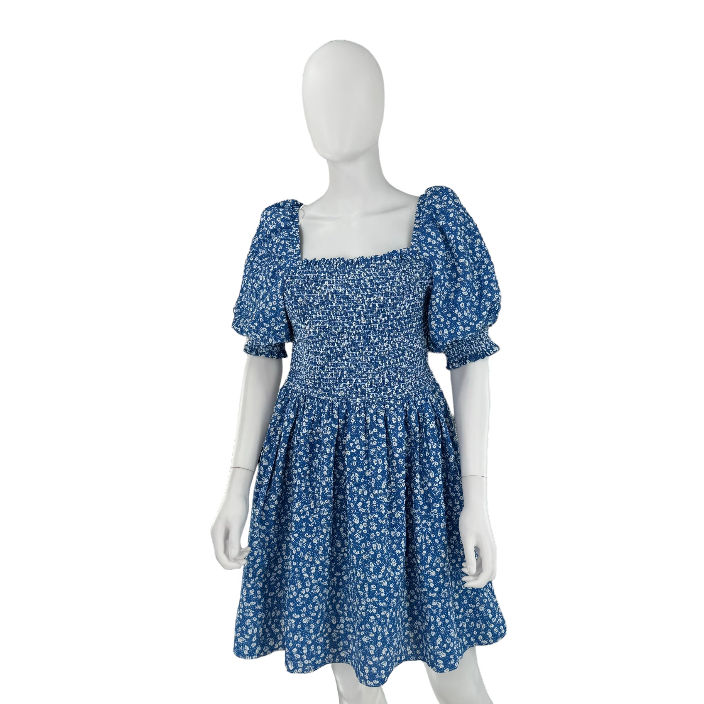 Hyacinth House Blue and White Micro Floral Smocked Short Sleeve Mini Dress