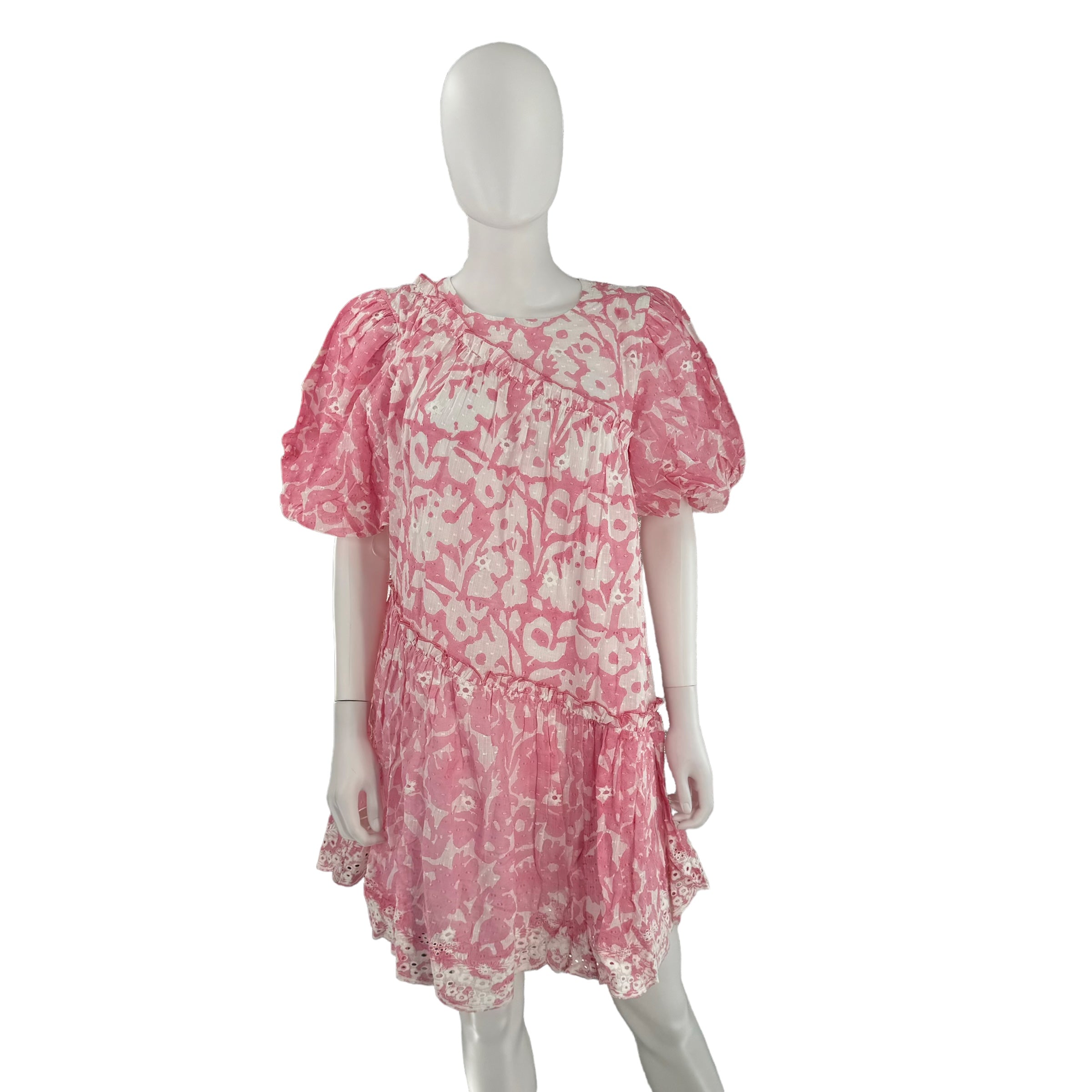 Ash & Eden Pink Milena Floral Swiss Dot Asymmetric Schiffli Mini Dress