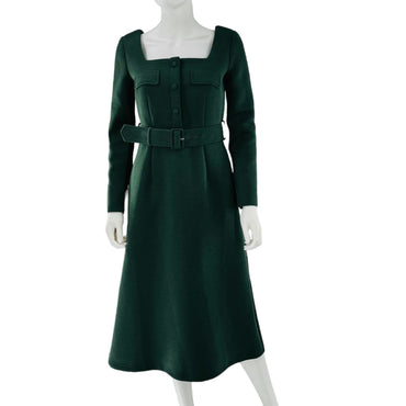 Tuckernuck Neoprene Long Sleeve Square Neckline Belted Elle Dress in Green