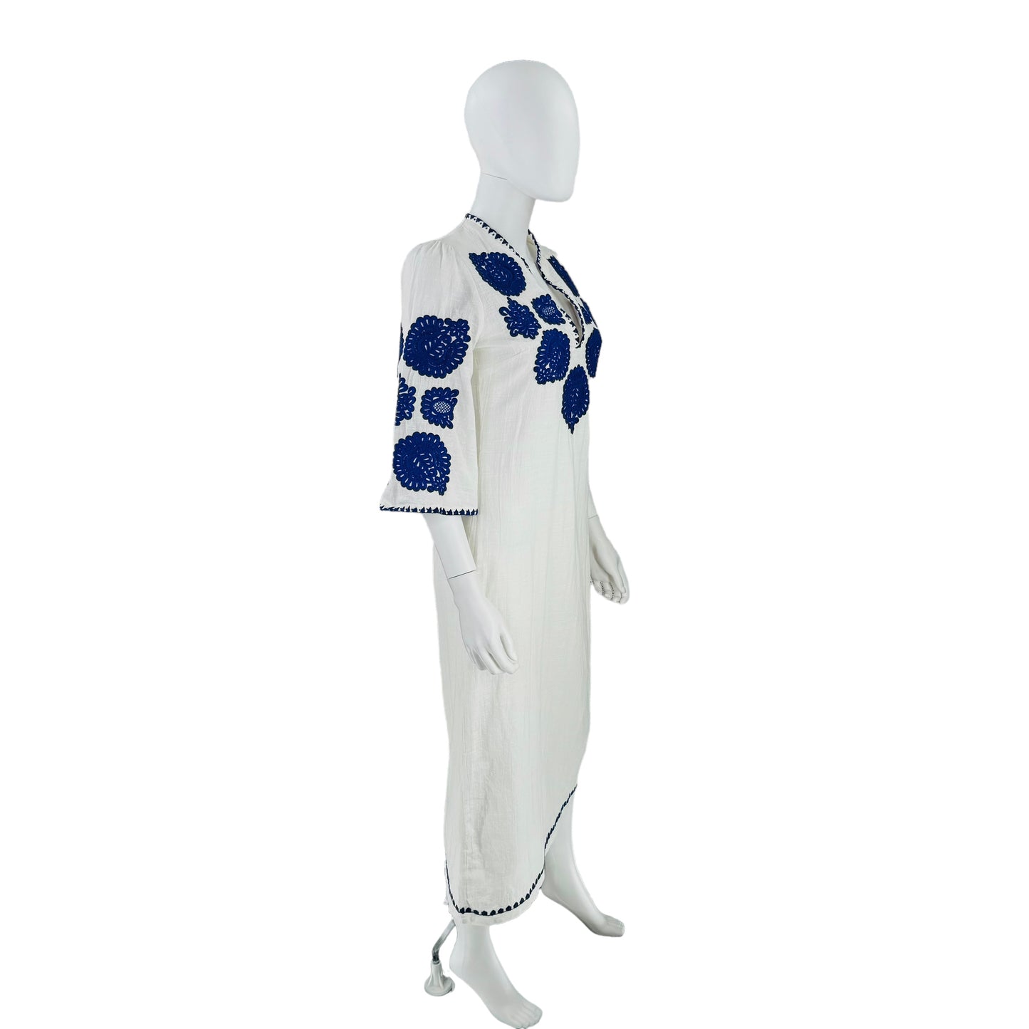 Antik Batik Embroidered Tiki White and Blue Caftan Midi Dress