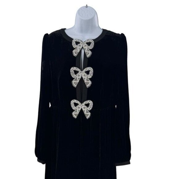 Saloni NEW Velvet Camille Bows Long Sleeve Formal Elegant Midi Dress Size 2