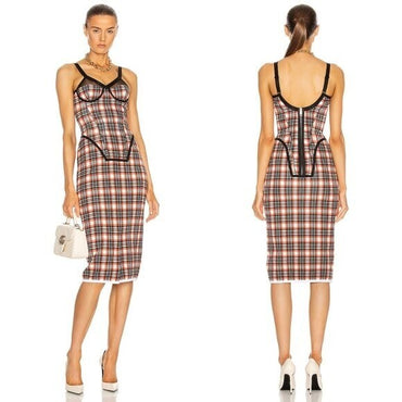 Burberry NEW Corset Red Black Nova Check Plaid Bodycon Midi Dress Size 2