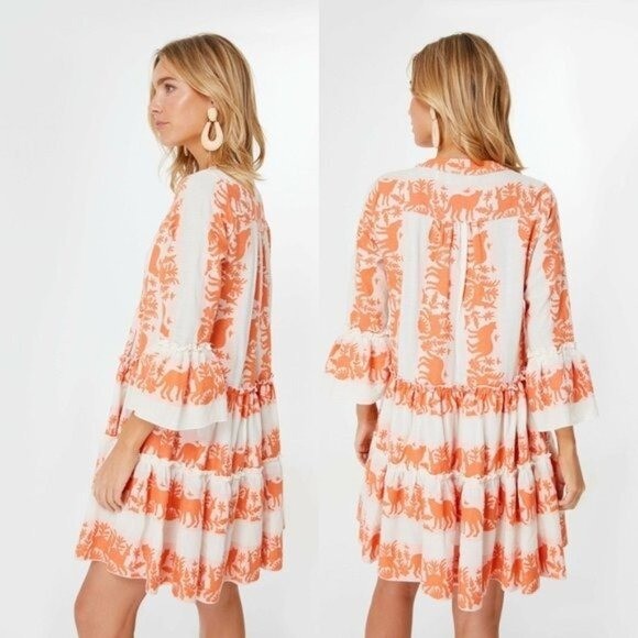 Tuckernuck NEW Kasia Ecru Clio Ruffle Mini Dress in Orange and Ivory Size XS