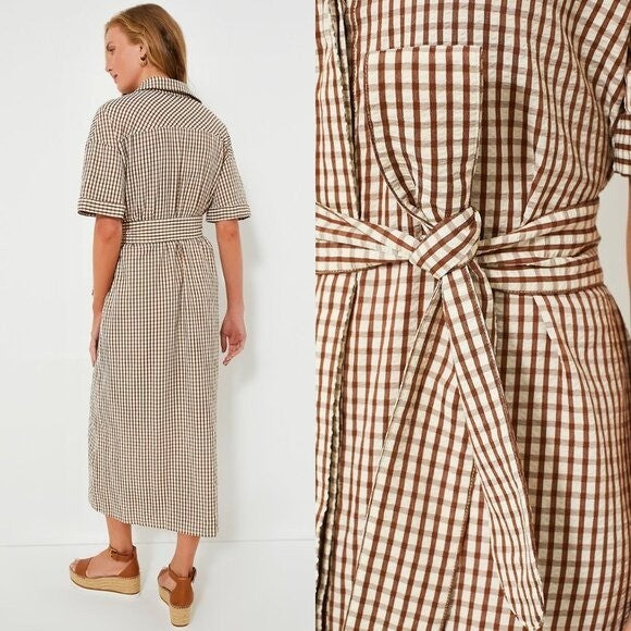 Pomander Place NEW Brown Gingham Seersucker Zacara Maxi Dress Size XL