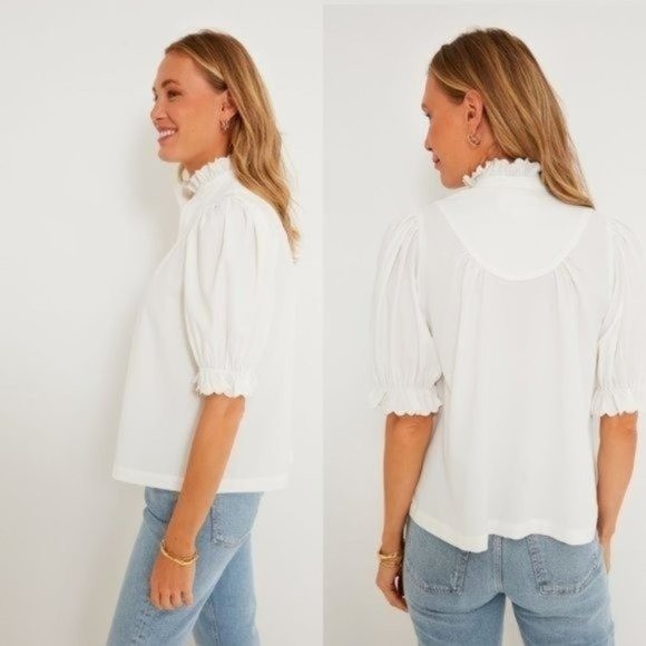 Pomander Place | NEW White Selena Short Puff Sleeve Ruffle Collar Blouse Size S