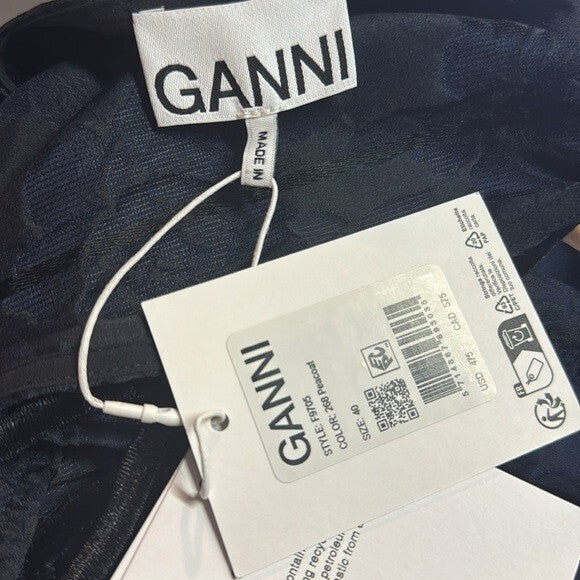 GANNI NEW Navy Blue Botanical Jacquard Formal Bow Strap Midi Dress Size 8