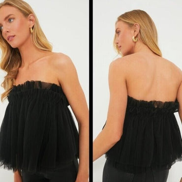 Hyacinth House NEW Black Willa Tulle Strapless Babydoll Blouse Top Size XL