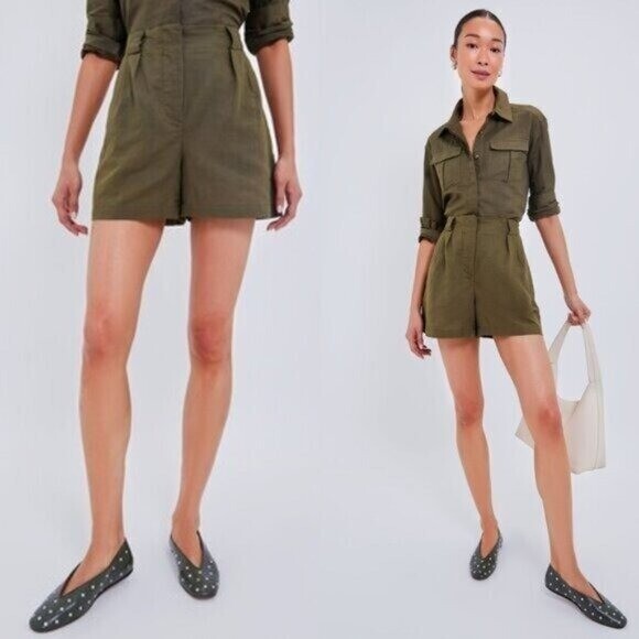 Tuckernuck NEW Army Green Safari Linen High Waist Pleated Shorts Size L