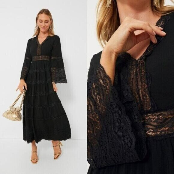 Hyacinth House NEW Lydia V Neck Black Lace Tiered Elegant Maxi Dress Size S