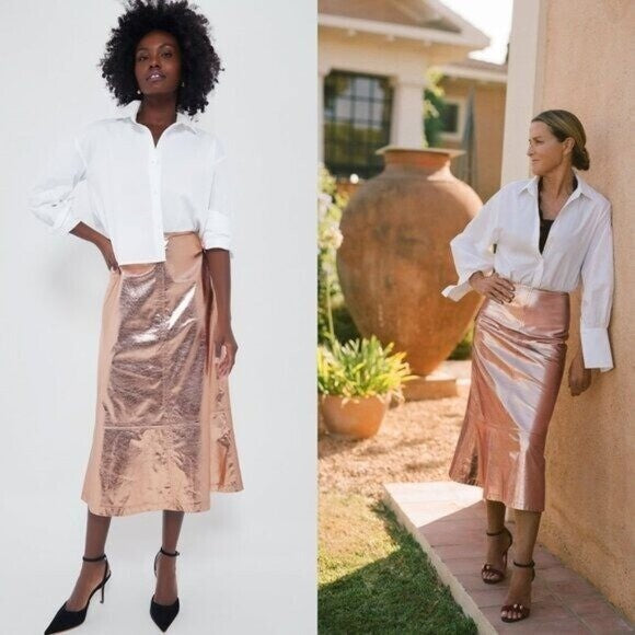 Tuckernuck x India Hicks NEW Gold Metallic London A Line Midi Skirt Size 8